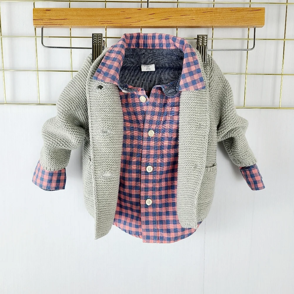 Gap Baby Brannan Bear Pink Blue Gray Sweater Checkered Button Down Set